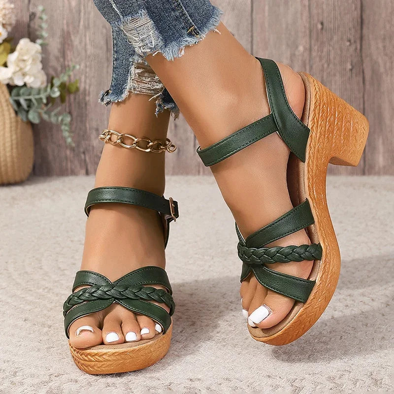 Summer High Heels Sandals Women 2025 Summer Ankle Buckle Platform Sandals Woman Pu Leather Square Heel Gladiator Sandals