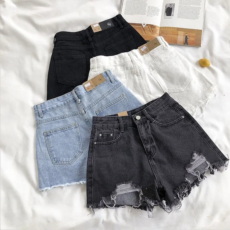 Women Summer Fashion Casual High Waist Ripped Jeans Pocket Tassel Y2K Hot Pants Streetwear Blue Trousers