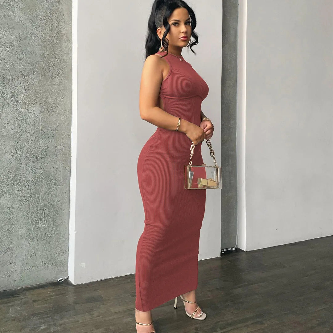Ribbed Solid Hollow Out Backless Sleeveless Sexy Slit Mini Bodycon Dress 2025 Spring Women Outfits Elegant Party Y2K