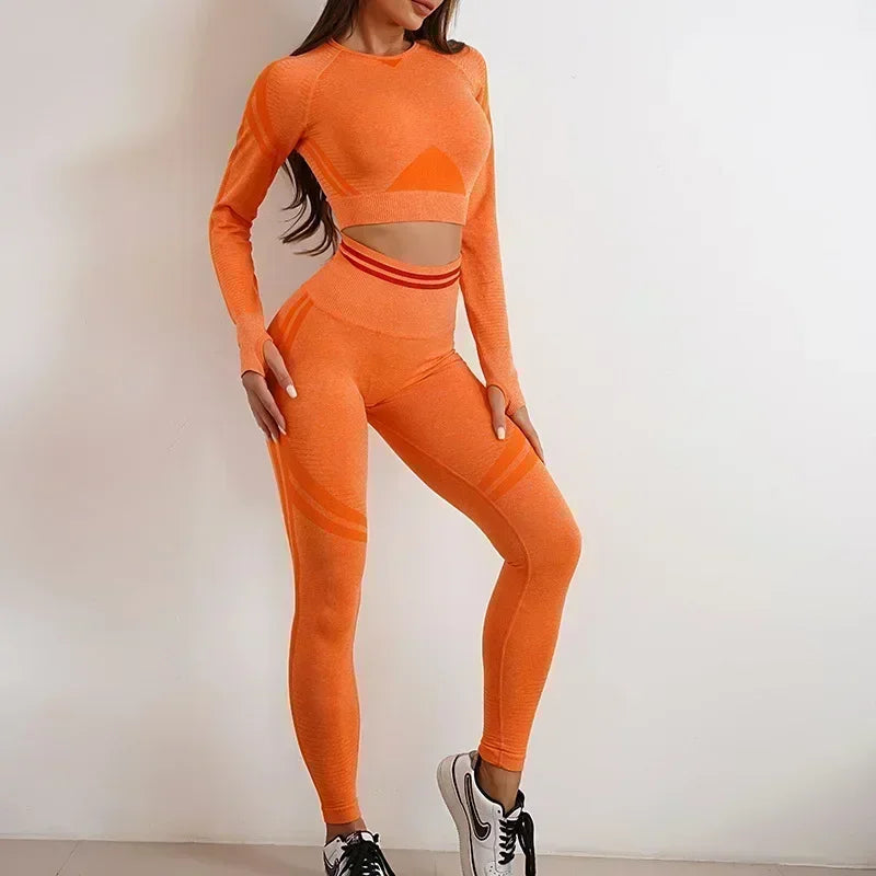 Seamless Yoga Sets Sports Fitness High Waist Hip Raise Pants Long-Sleeved Backless Suit Workout Clothes Gym Shorts Set for Women