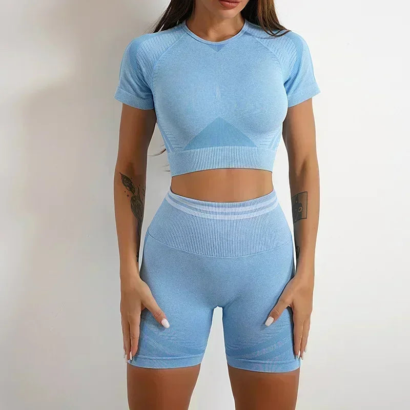 Seamless Yoga Sets Sports Fitness High Waist Hip Raise Pants Long-Sleeved Backless Suit Workout Clothes Gym Shorts Set for Women