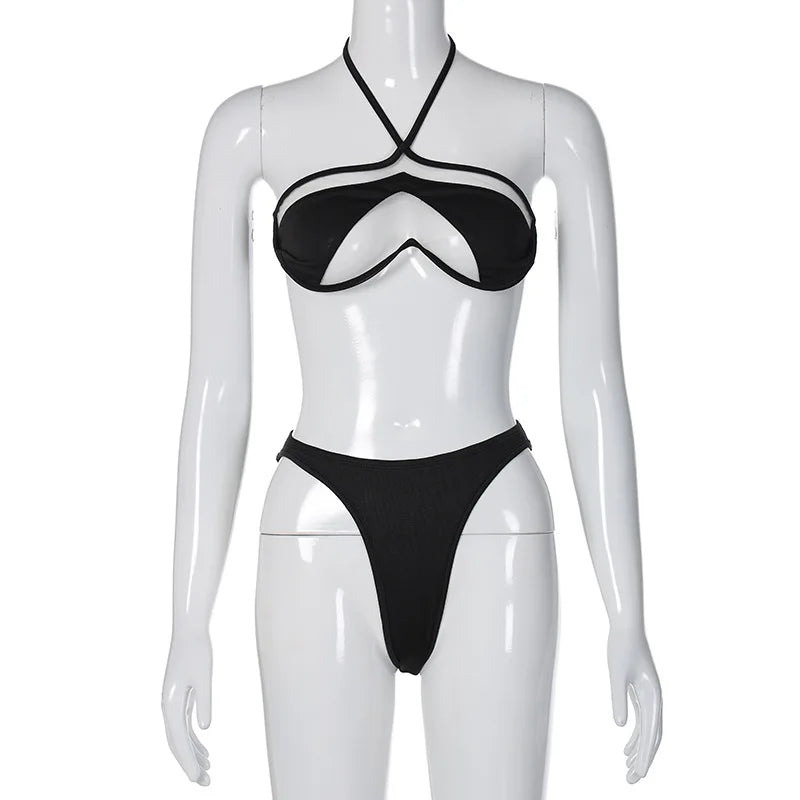 ummer Women's Halter Top Revealing Vest Sexy Trunks Bikini Set Patchwork Mesh With Steel Ring Swimsuit Women
