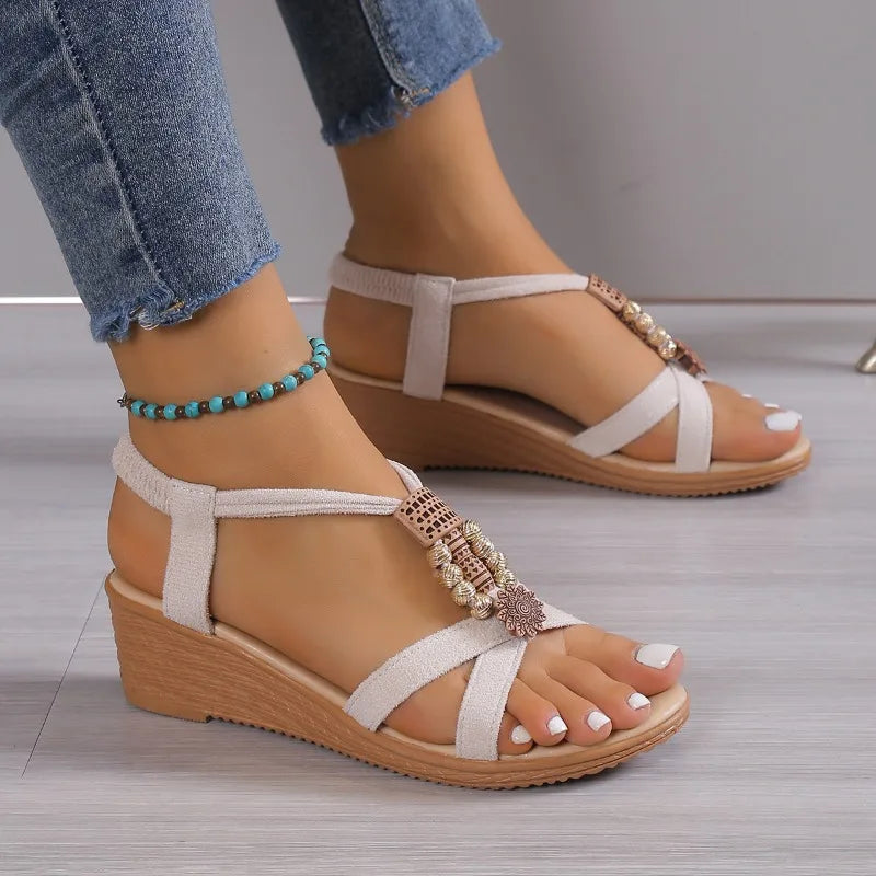 Women Solid Color Wedge Sandals New Ankle Buckle Non Slip Gladiator Shoes Woman Fashion Chunky Platform Sandals