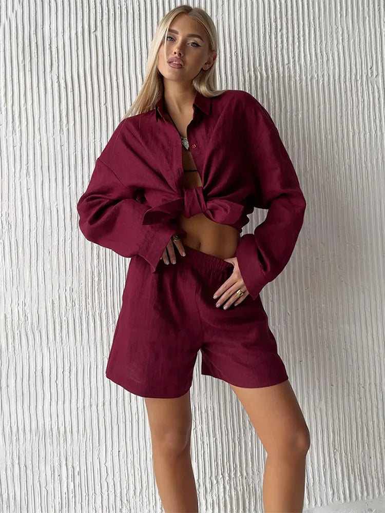 Women Casual Solid Cotton Linen Pants Sets Chic Lapel Single Breasted Long Sleeve Shirt Elasticity Waist Trousers New Two Piece Set