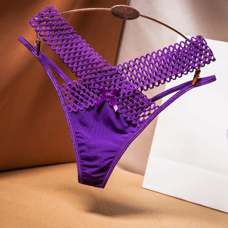 Women's Panties Cross Cut Ice Silk Thong Sports Fashion Perspective Low Waist Ribbons Sexy Lingerie Thongs