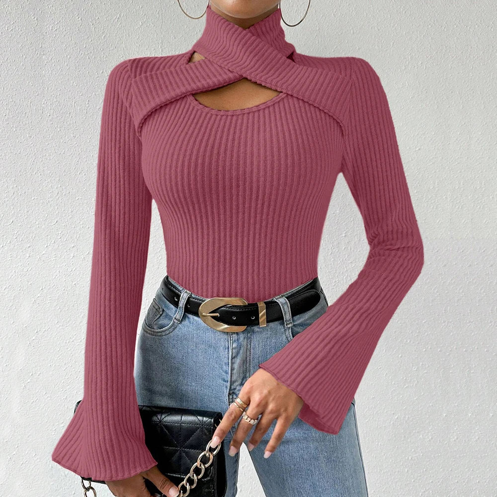 Women's T-Shirts Winter Casual Korean Cut-Out Solid Color Long Sleeve High-Neck Daily T-Shirts