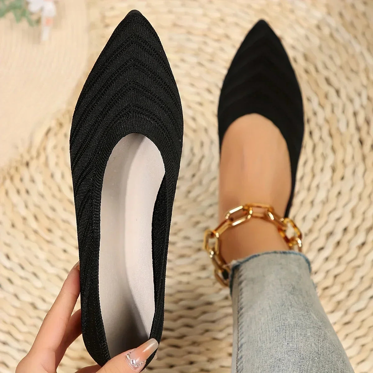 New Open Shoe Flat Office Boot Solid Color Knitted Slip On Shoes Casual Ballet Flats Shoes Women