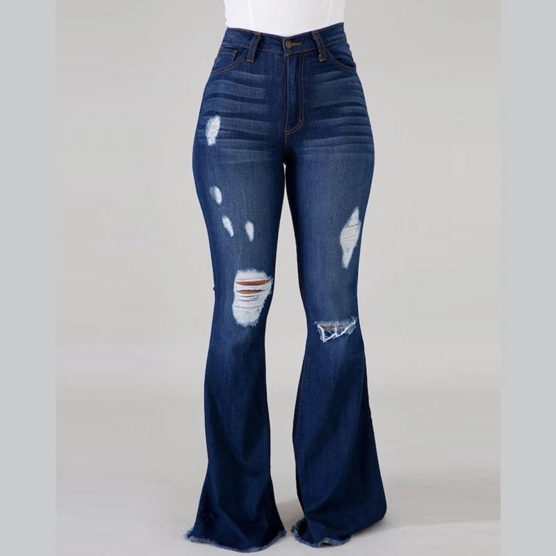 New High Waist Ripped Flared Jeans For Women Fashion Stretch Slim Denim Pants Casual Female Clothing S-3XL