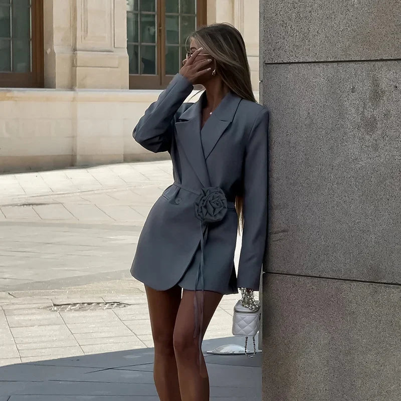 Fashion Flower Belt Blazers Office Women's Loose With Pockets Long Sleeve Coat Solid Color Casual Blazers Spring New