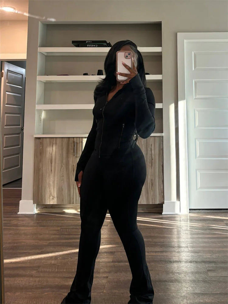 Autumn And Winter New Long Sleeves Zipper Crop top Suits Tracksuits Women's Suits Fashion Pants Female Soild 2 Piece Sets