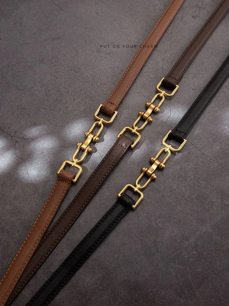 Genuine Leather Belts for Women Slim Waist Belt Patent Leather with Gold Buckle for Dress Adjustable Woman Luxury Belt