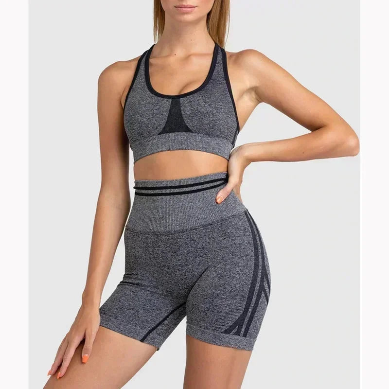 Seamless Yoga Sets Sports Fitness High Waist Hip Raise Pants Long-Sleeved Backless Suit Workout Clothes Gym Shorts Set for Women