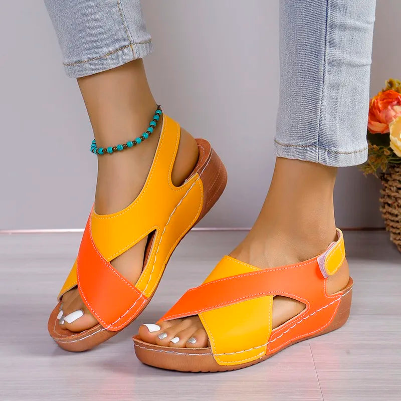 New women's contrast color sandals, pink peep toe, non-slip beach shoes, woman, comfortable platform, Roman sandals