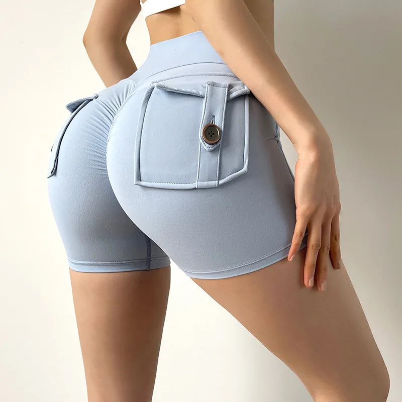 Women Pocket Yoga Shorts Fitness High Waist Short Gym Workout Tights Sports Quick Dry SEXY Butt Leggings Nylon Fabric