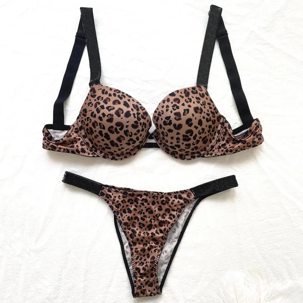 Satin Letters Rhinestone Underwear 2 Piece Set Sexy Underwear Panty Set Comfortable Push Up Bra Women Brand Underwear