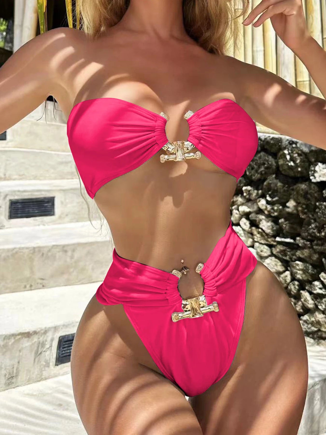 2023 Sexy High Waist Bandeau Bikini Push Up Swimwear Women Swimsuit Female Two Pieces Beachwear Metal Accessories Bathing Suits