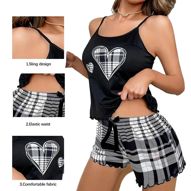 Sexy Nightwear Women's Suspenders Top Plaid Pants Fashion Sleepwear Homewear Two-Piece Set Ladies Pajamas Love Print Loungewear