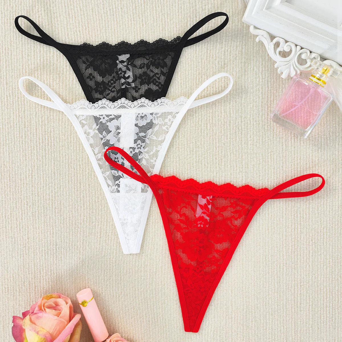 3pcs Low Rise Sexy Lace Women Thongs Hot Sale Breathable Intimate Lingerie Perspective Floral Panties Ladies G-string T-back