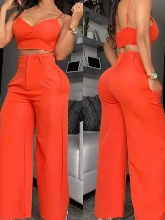 2 Piece Sets Womens Outifits 2024 Casual V-Neck Cami Crop Tops & White Fashion Hollow Out Wide Leg High Waist Pants Suits Female