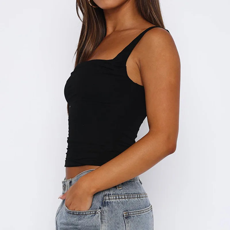 New Women Tank Tops Summer Solid Sexy Backless Streetwear Casual Slim Sleeveless Camisole Fashion Folds Tank Tops