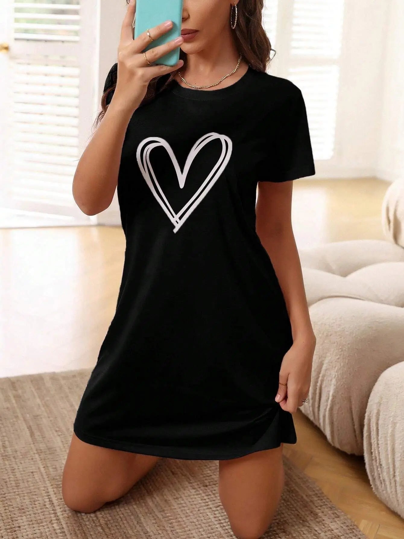Women's Sexy Nightgown Love Print Short-sleeved Comfortable Pajamas Homewear