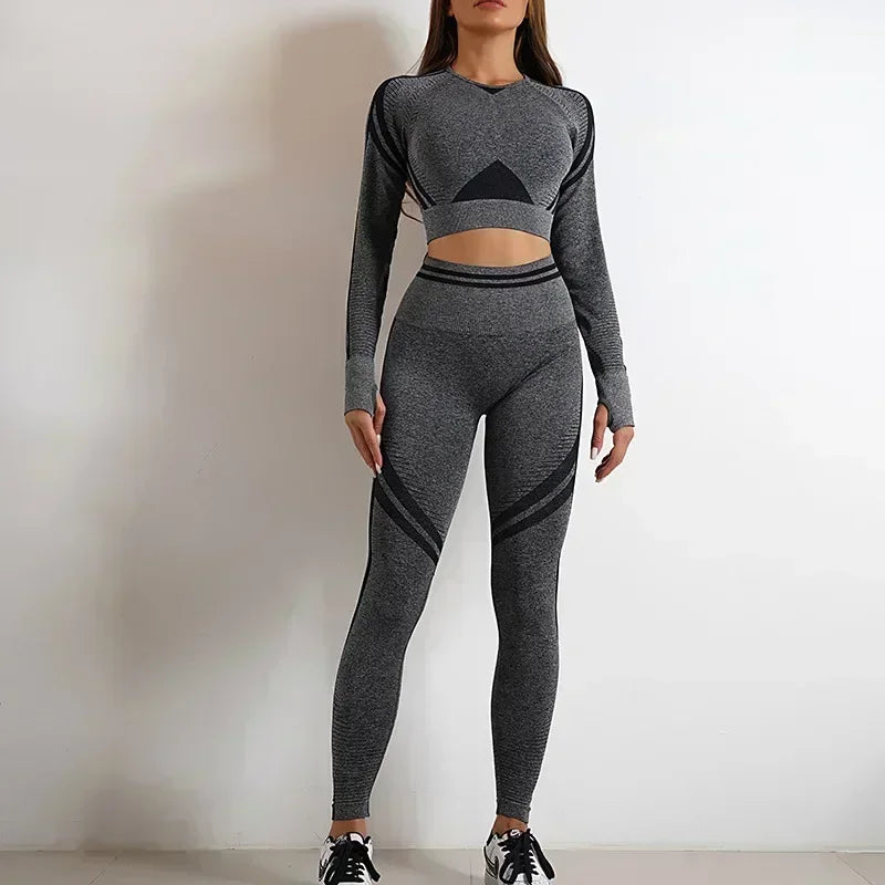 Seamless Yoga Sets Sports Fitness High Waist Hip Raise Pants Long-Sleeved Backless Suit Workout Clothes Gym Shorts Set for Women