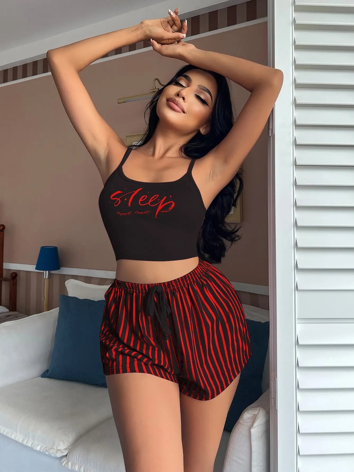 Women's Summer Letter Print Pajama Set Casual Strappy Camisole Shorts Loungewear Set Comfortable Home Sleepwear