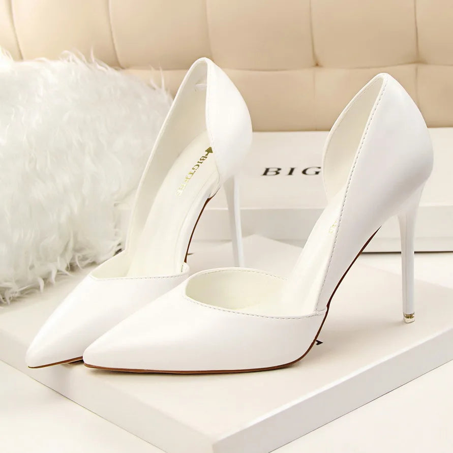 Women 10.5cm High Heels Leather Pumps Escarpins Elegant Sweet Yellow Pink Stiletto Wedding Heels Lady Quality Cheap Party Shoes