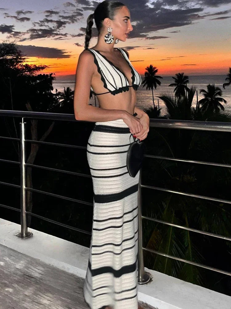 TOSI Knitted Striped 2 Piece Set Long Skirt Female Ruffled V-Neck Casual Beach Holiday Contrasting Outfits Knitted Maxi Skirt Sets