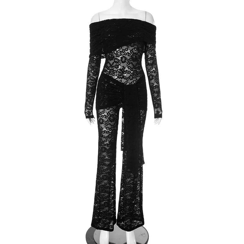 Mozision Lace See Through Long Sleeve Sexy Jumpsuit Women's Fashion Lace Off-shoulder Bodycon High Waist Club Party Jumpsuits