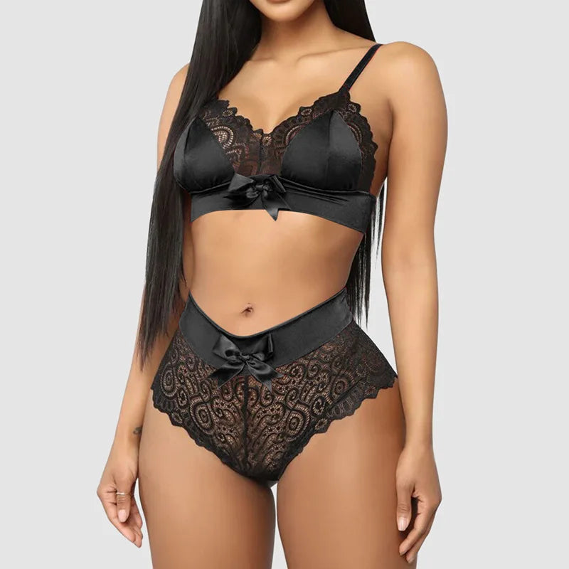 2 Piece Set Sexy Lingerie Set for Women Lace Patchwork Mesh Bow Three-point Strap Bra See-through Underwear Set New