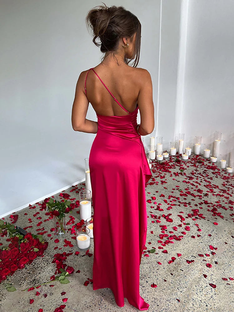 Summer sexy one shoulder satin long dress for women sleeveless backless high slit party evening dresses elegant cocktail dress