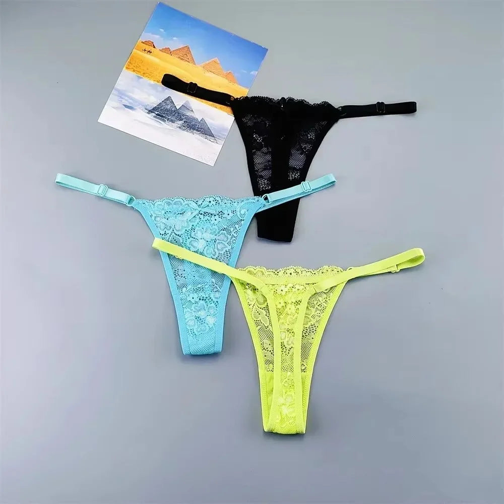 3Pcs Sexy Thongs Underwear for Women Perspective Lace G-String Panties Low Waist Plus Size Hot Wife Gift