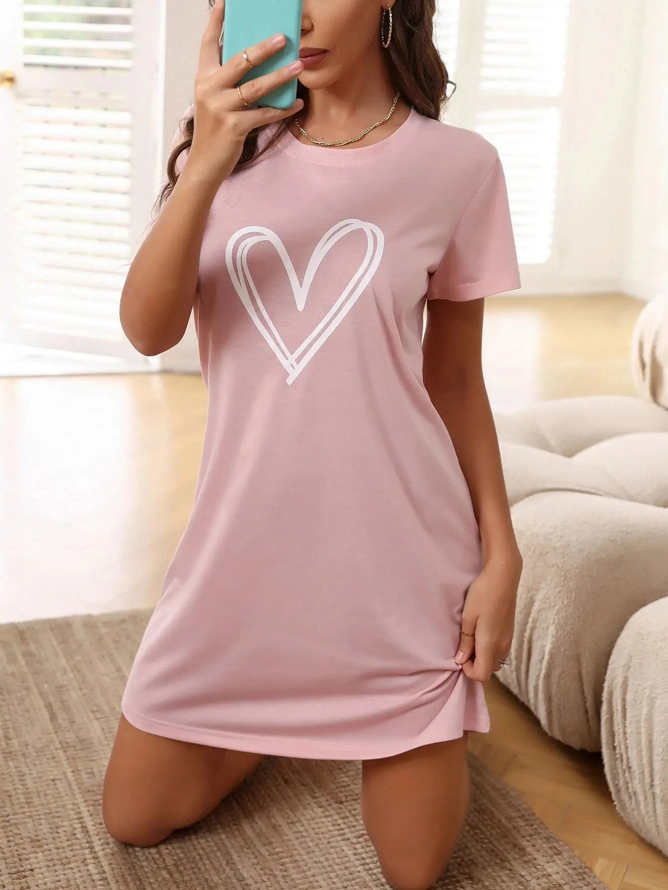 Women's Sexy Nightgown Love Print Short-sleeved Comfortable Pajamas Homewear