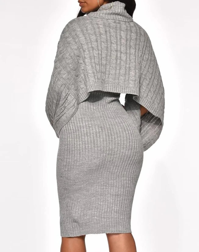Women's Sweater Dress Set Autumn Winter New 2025 Solid Turtleneck Ribbed Sweater & Knitted Strap Dress Sets Matching Outfit
