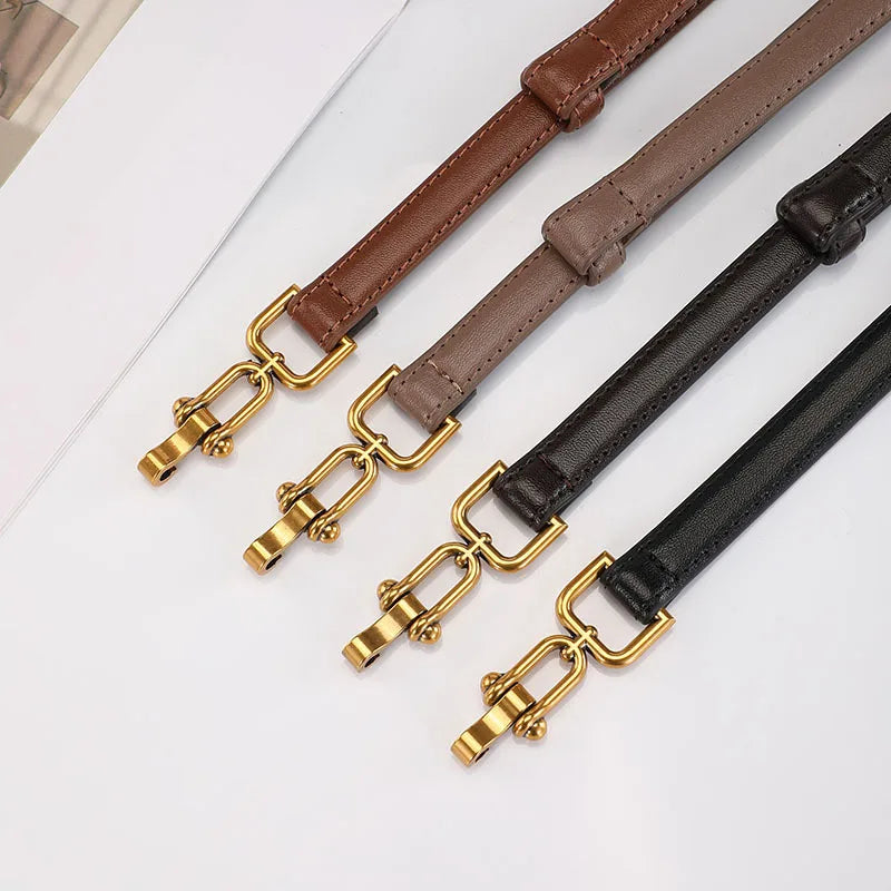 Genuine Leather Belts for Women Slim Waist Belt Patent Leather with Gold Buckle for Dress Adjustable Woman Luxury Belt