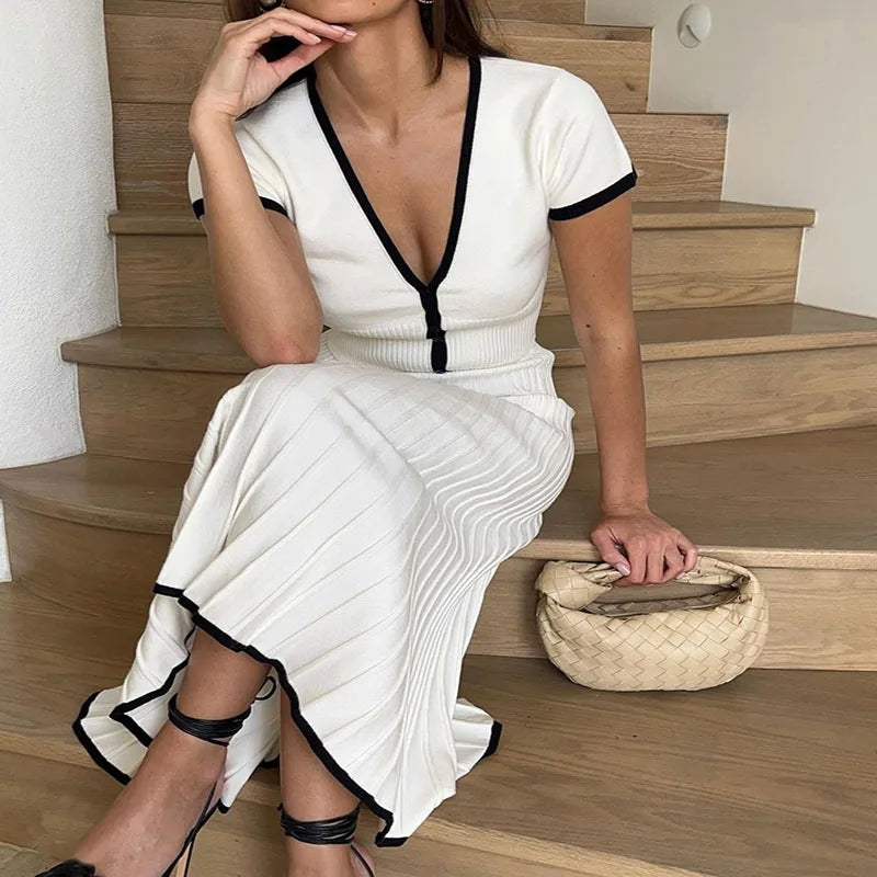 Summer Women White long Skirt Suit Short Sleeve V-neck crop top pleated set elegant dress 2 piece skirt set Plus Size S-3XL