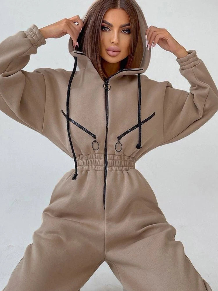 Autumn Women Monochrome Long Sleeve Jumpsuit Solid Color Zip-Up Sportswear Female Winter Casual Tracksuit Fashionable Hoodies