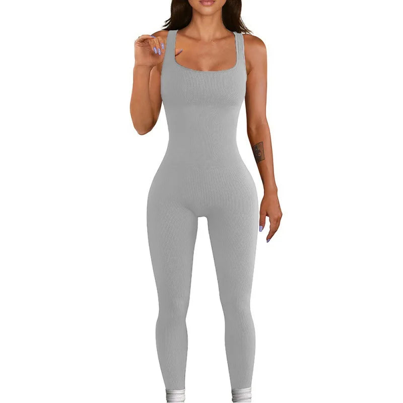Women Workout Seamless Jumpsuit Yoga Ribbed Bodycon One Piece Square Neck Leggings Romper