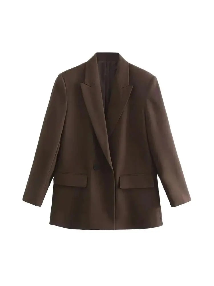 Women Fashion Double Breasted Loose Fitting Blazer Coat Vintage Long Sleeve Pockets Female Outerwear Chic