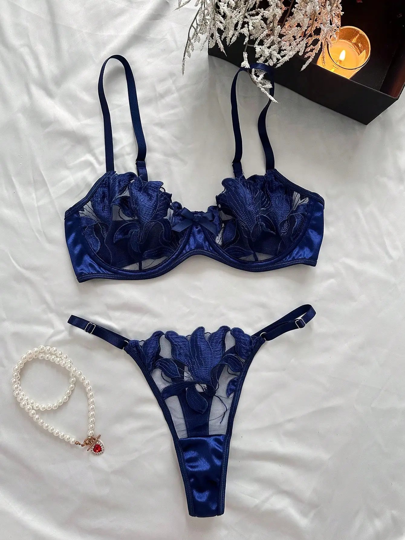 Floral Embroidery Sexy Lingerie Set Women Thin Transparent Bralette Lace Push Up Bra Panty 2-piece Sensual Lingerie Woman