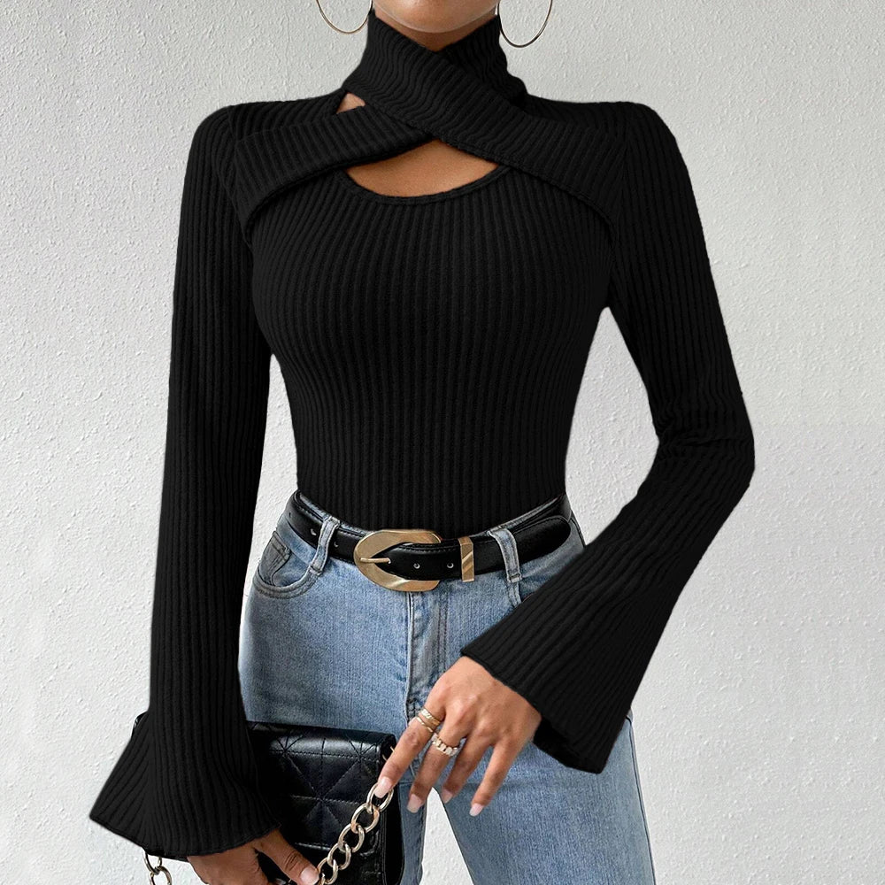 Women's T-Shirts Winter Casual Korean Cut-Out Solid Color Long Sleeve High-Neck Daily T-Shirts