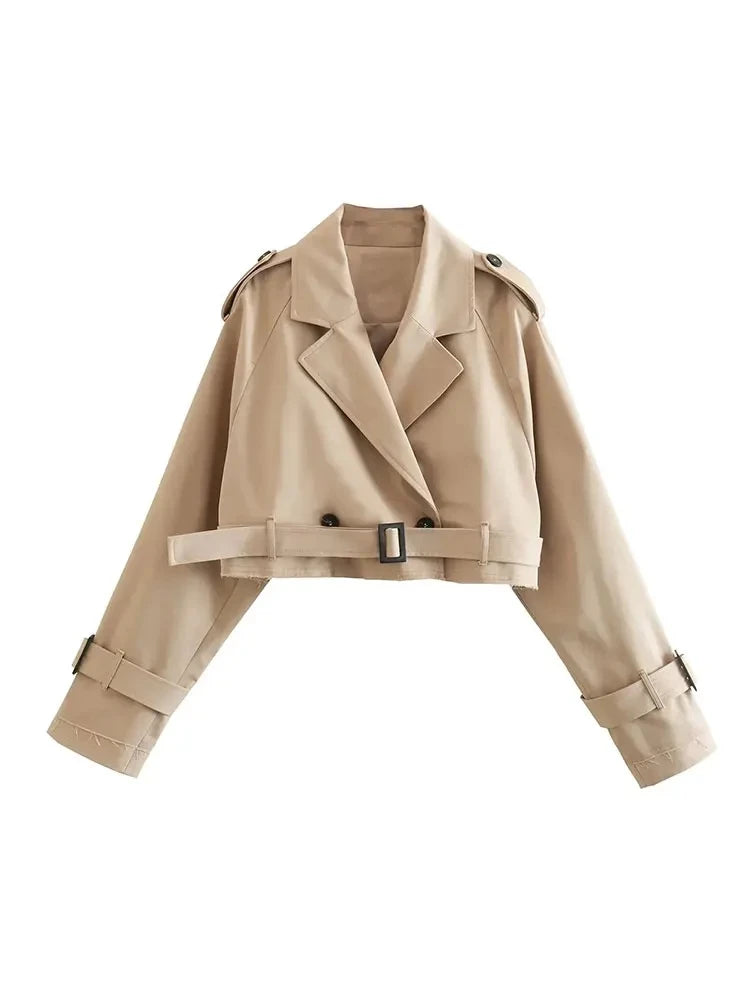 Belt Cropped Trench Spring Jacket Women Vintage Streetwear Double Breasted Long Sleeve Top Female Coat Outfits