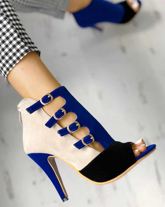 Colorblock Splicing Hollow Out Buckled Thin Heels