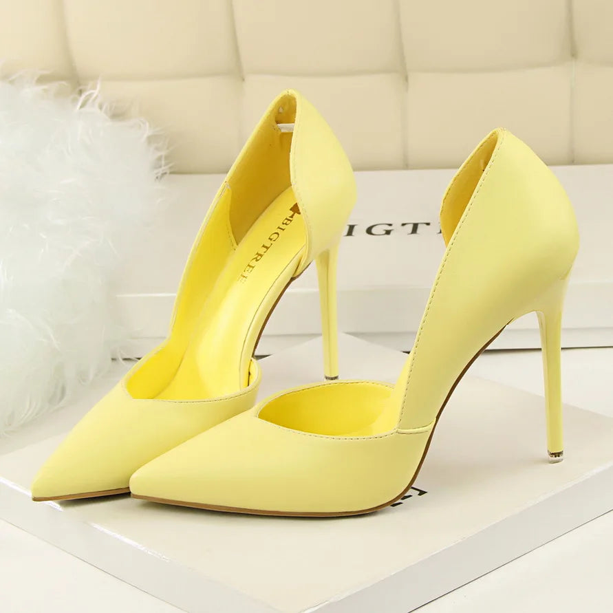 Women 10.5cm High Heels Leather Pumps Escarpins Elegant Sweet Yellow Pink Stiletto Wedding Heels Lady Quality Cheap Party Shoes