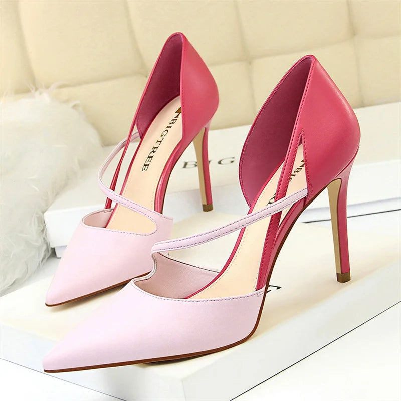 New Summer Women Fashion Sweet Pointed Toe High Heel Sandals Patchwork Hollow Party Ankle Strap Yellow Pink Single Shoes