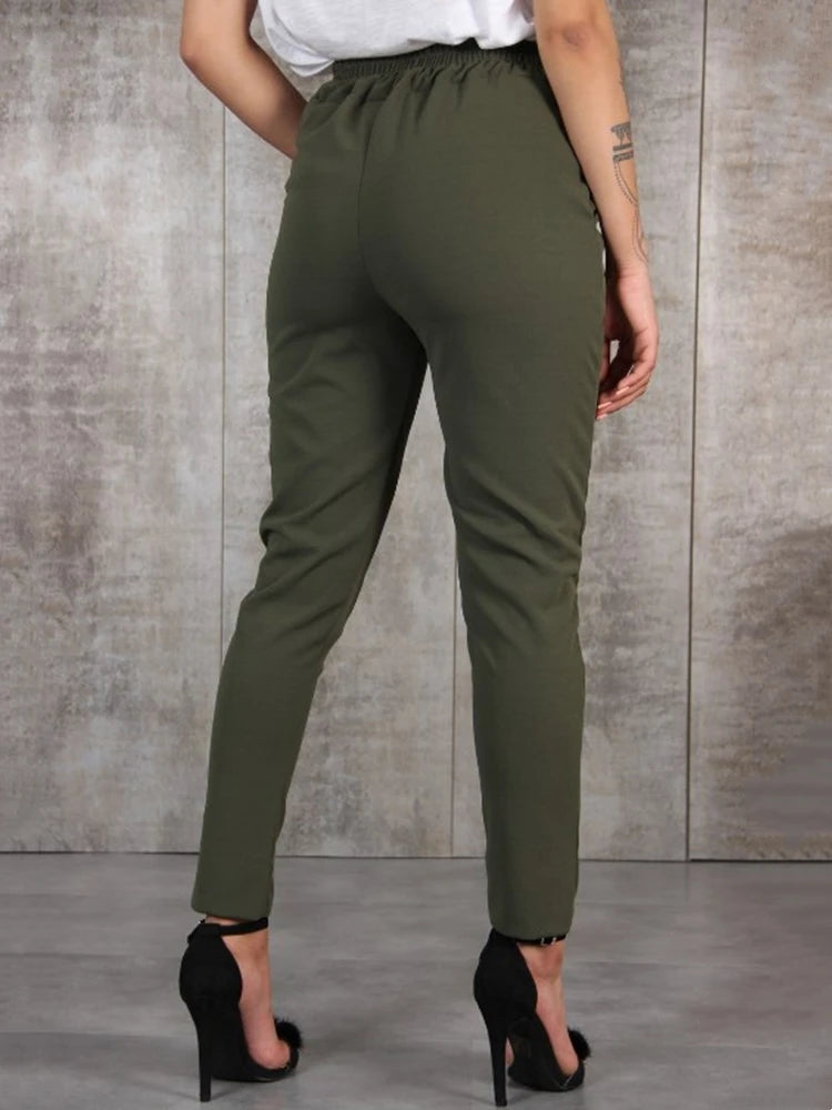 Girl Spring Summer Autumn Casual Slim Chiffon Thin Pants For Women High Waist Black Khaki Green Pants Woman Trousers