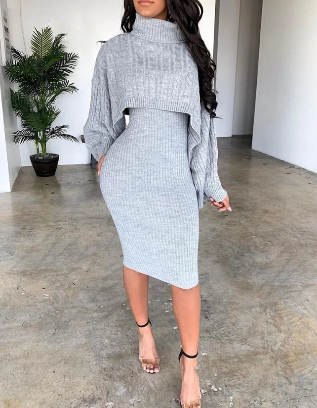 Women's Sweater Dress Set Autumn Winter New 2025 Solid Turtleneck Ribbed Sweater & Knitted Strap Dress Sets Matching Outfit