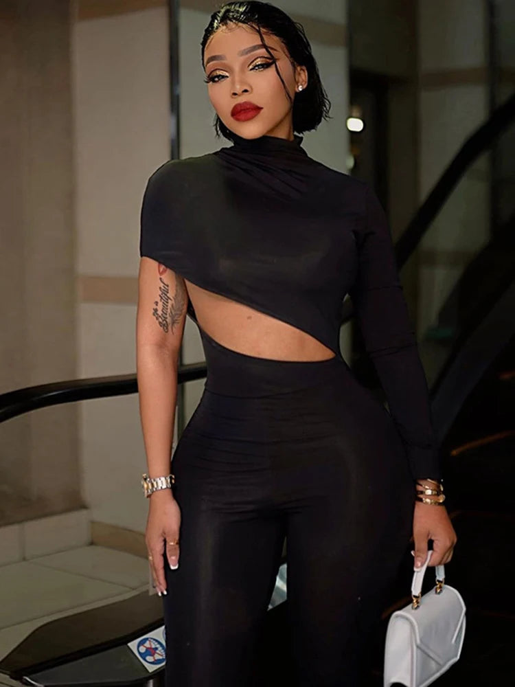 One Shoulder Long Sleeve Cut Out Jumpsuit For Women Bodycon Sexy Streetwear Rompers Club Party Outfits Spring Summer