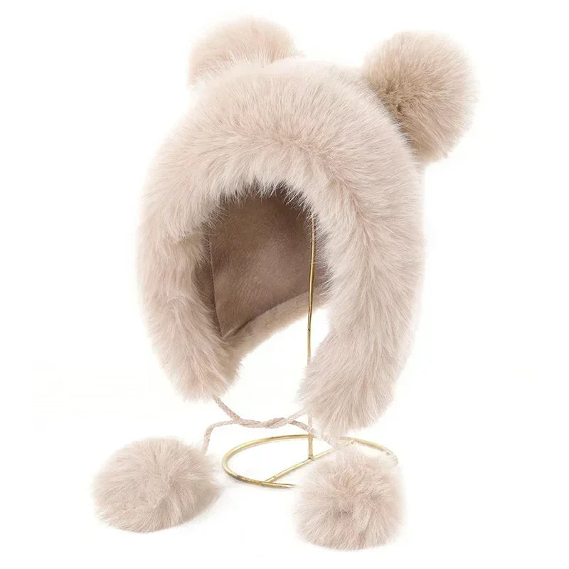 Women Cute Bear Ear Kawaii Fox Fur Hat Imitation Mink Plush Winter Warm Thickened